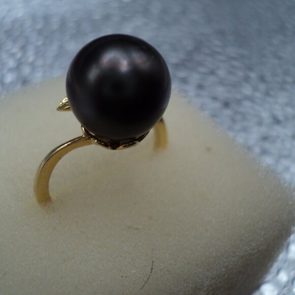 Tahitian Black Pearl 10mm red ruby accent YG over sterling silver ring 7 POS193 - Picture 4 of 5